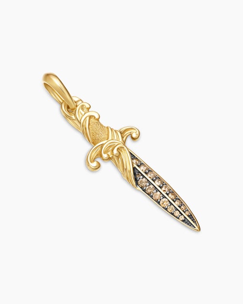 Mens Waves Dagger Amulet in 18K Yellow Gold with Cognac Diamonds, 44mm