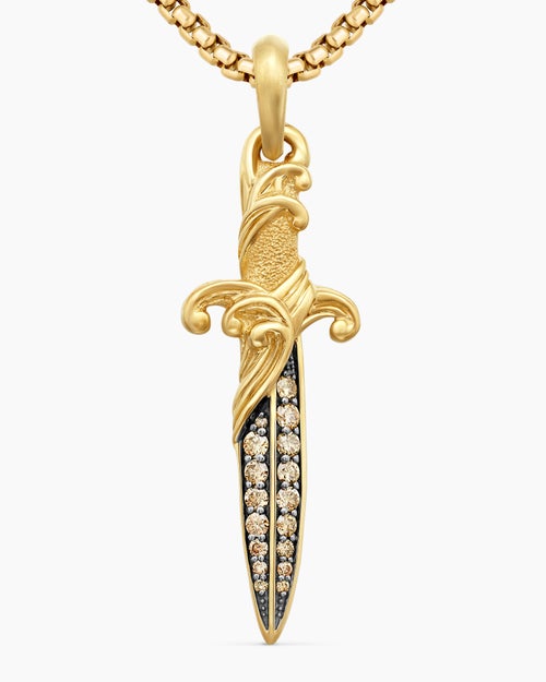 Mens Waves Dagger Amulet in 18K Yellow Gold with Cognac Diamonds, 44mm