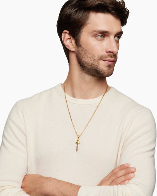 Mens Waves Dagger Amulet in 18K Yellow Gold with Cognac Diamonds, 44mm