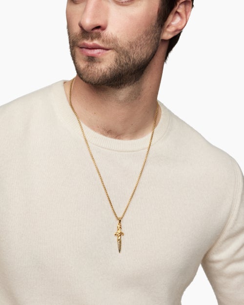 Mens Waves Dagger Amulet in 18K Yellow Gold with Cognac Diamonds, 44mm