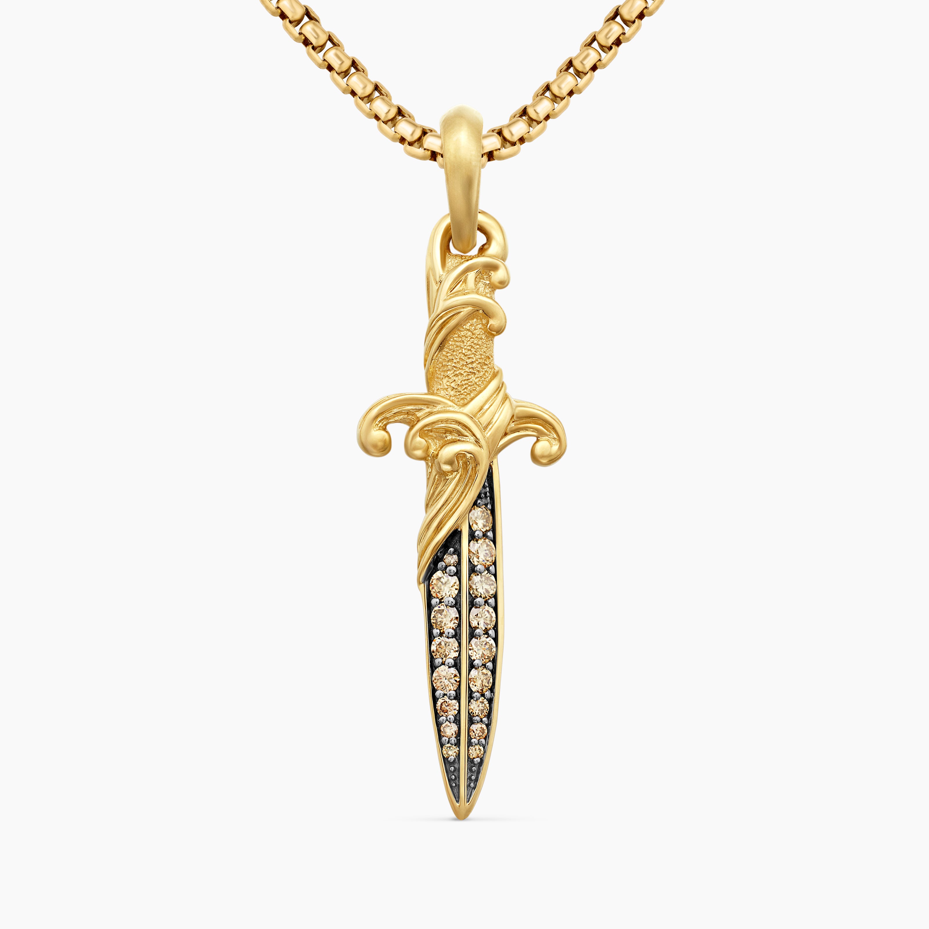 Mens Waves Dagger Amulet in 18K Yellow Gold with Cognac Diamonds, 44mm