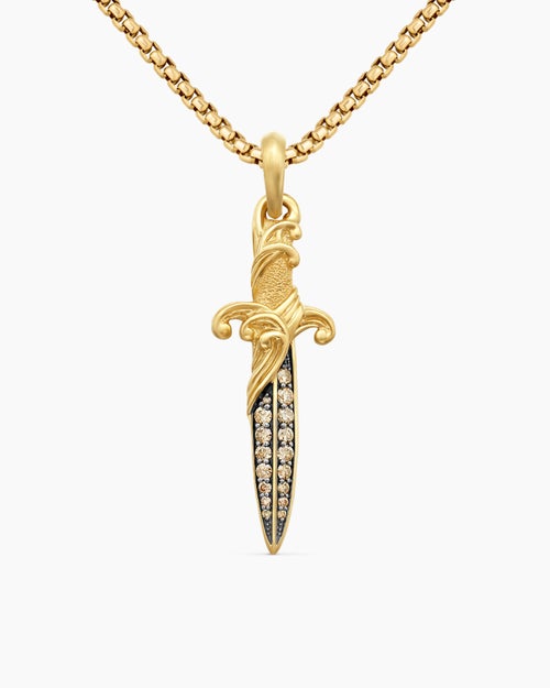 Mens Waves Dagger Amulet in 18K Yellow Gold with Cognac Diamonds, 44mm