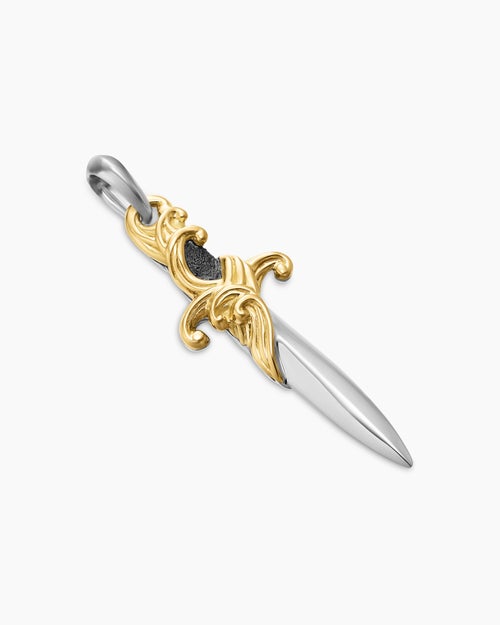 Mens Waves Dagger Amulet in Sterling Silver with 18K Yellow Gold, 44mm