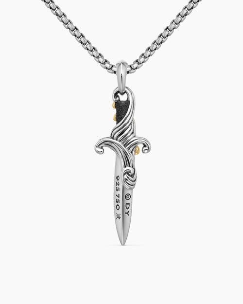 Mens Waves Dagger Amulet in Sterling Silver with 18K Yellow Gold, 44mm