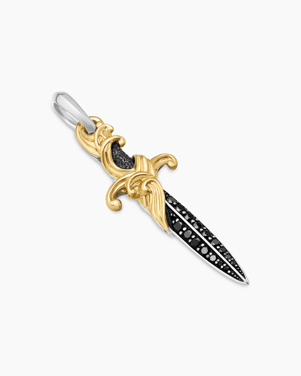 Mens Waves Dagger Amulet in Sterling Silver with 18ct Yellow Gold and Black Diamonds, 44mm
