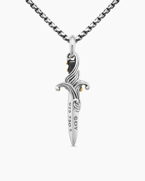 Mens Waves Dagger Amulet in Sterling Silver with 18ct Yellow Gold and Black Diamonds, 44mm