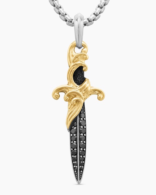 Mens Waves Dagger Amulet in Sterling Silver with 18ct Yellow Gold and Black Diamonds, 44mm