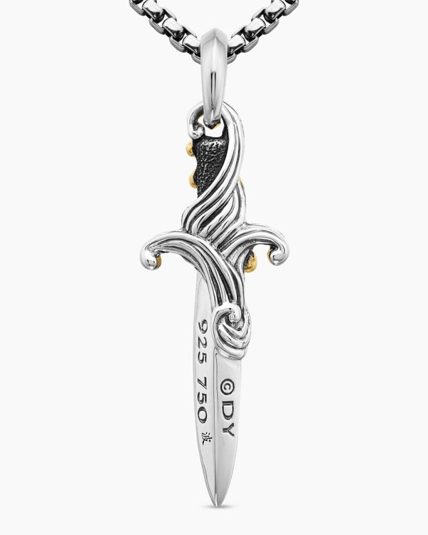 Waves Dagger Amulet in Sterling Silver with 18K Yellow Gold and Black Diamonds, 44mm