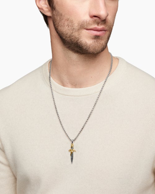 Mens Waves Dagger Amulet in Sterling Silver with 18K Yellow Gold and Black Diamonds, 44mm