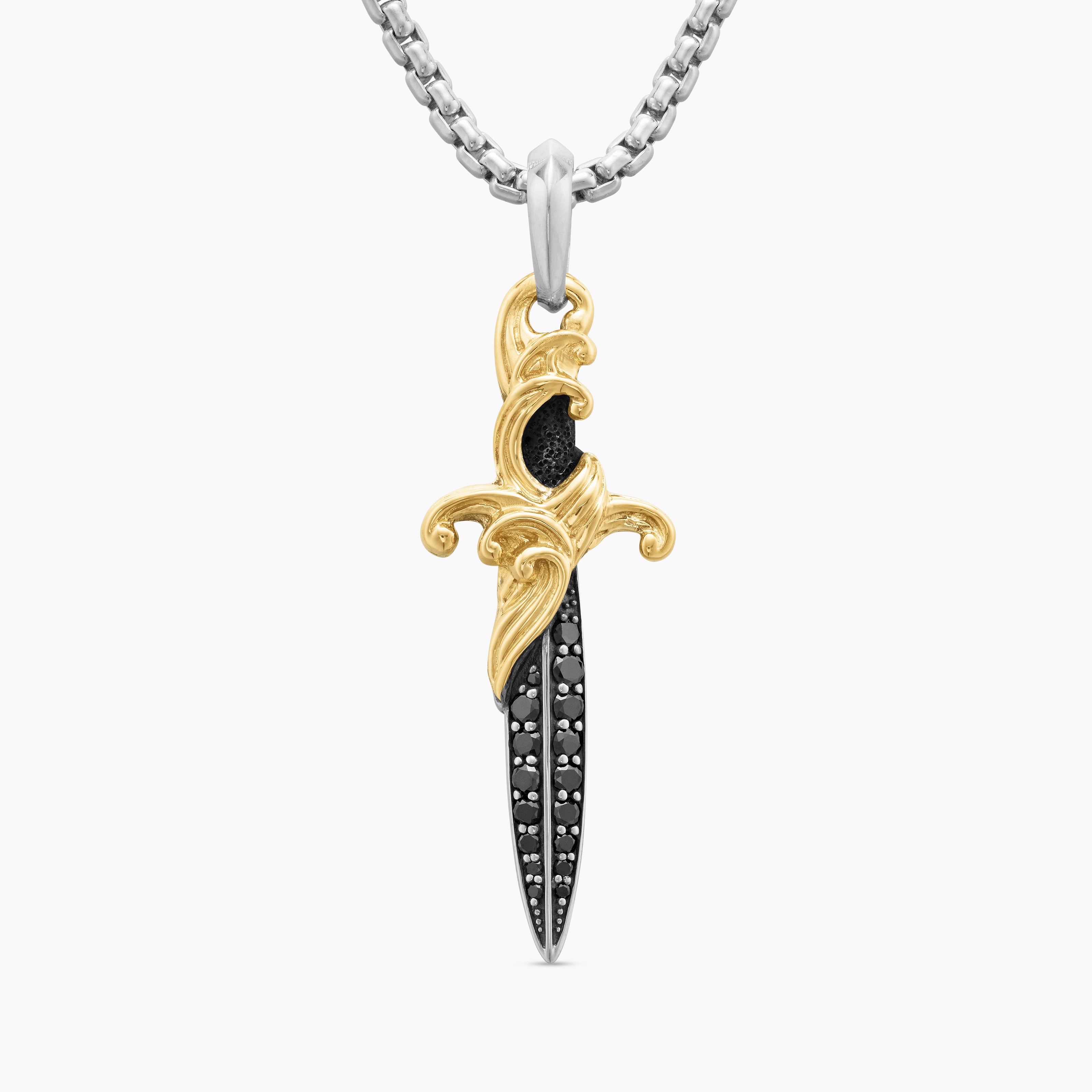Amulette dague Waves en argent sterling avec or jaune 18 carats et diamants noirs, 44 mm hommes 