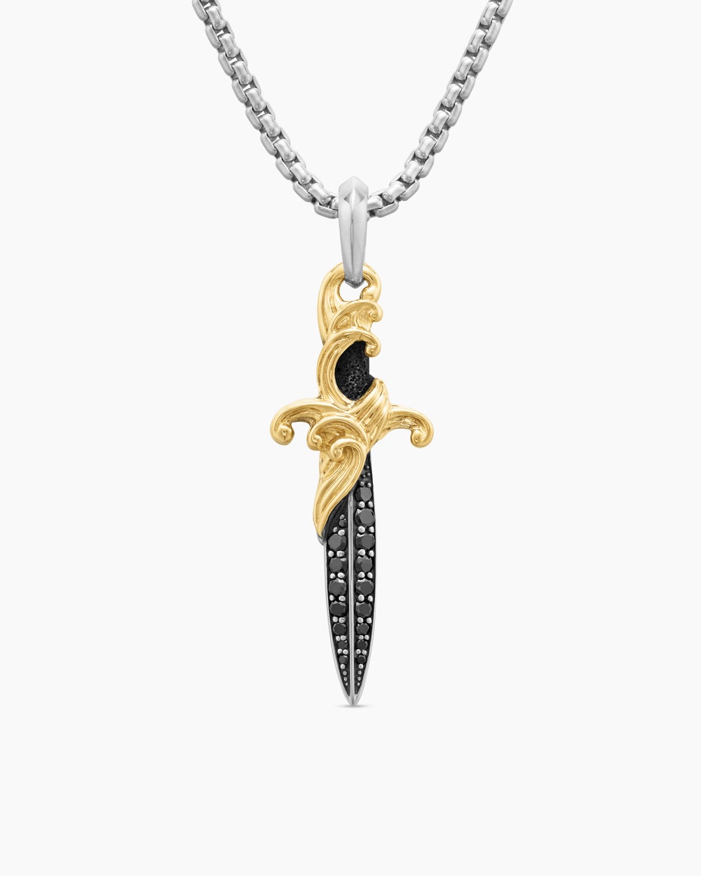 Mens Waves Dagger Amulet in Sterling Silver with 18ct Yellow Gold and Black Diamonds, 44mm