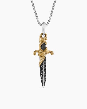 Waves Dagger Amulet in Sterling Silver with 18K Yellow Gold and Black Diamonds, 43.8mm