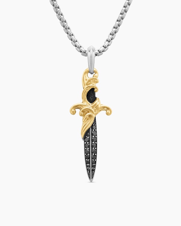 Waves Dagger Amulet in Sterling Silver with 18K Yellow Gold and Black Diamonds, 44mm