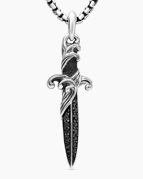 Mens Waves Dagger Amulet in Sterling Silver with Black Diamonds, 44mm