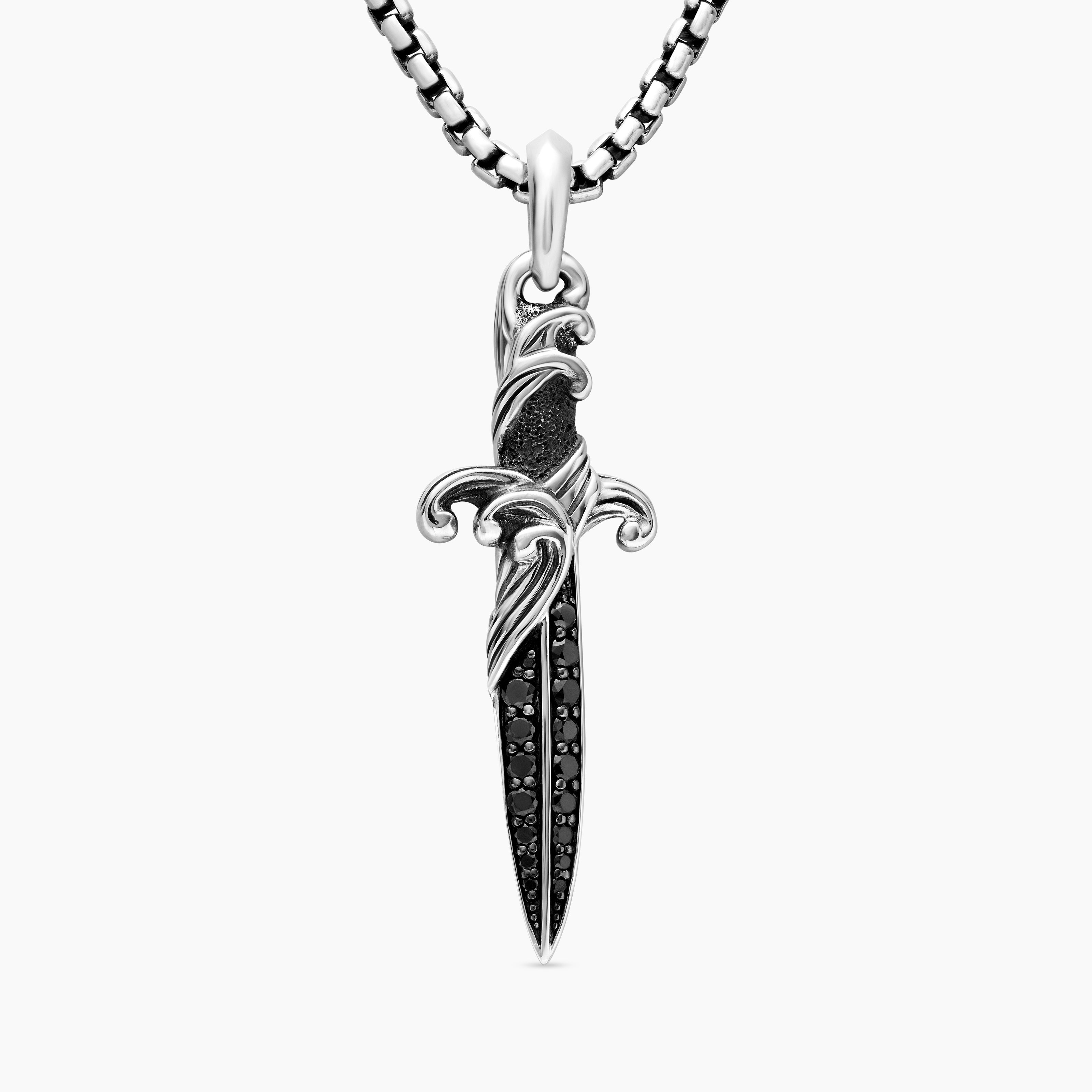 Mens Waves Dagger Amulet in Sterling Silver with Black Diamonds, 44mm
