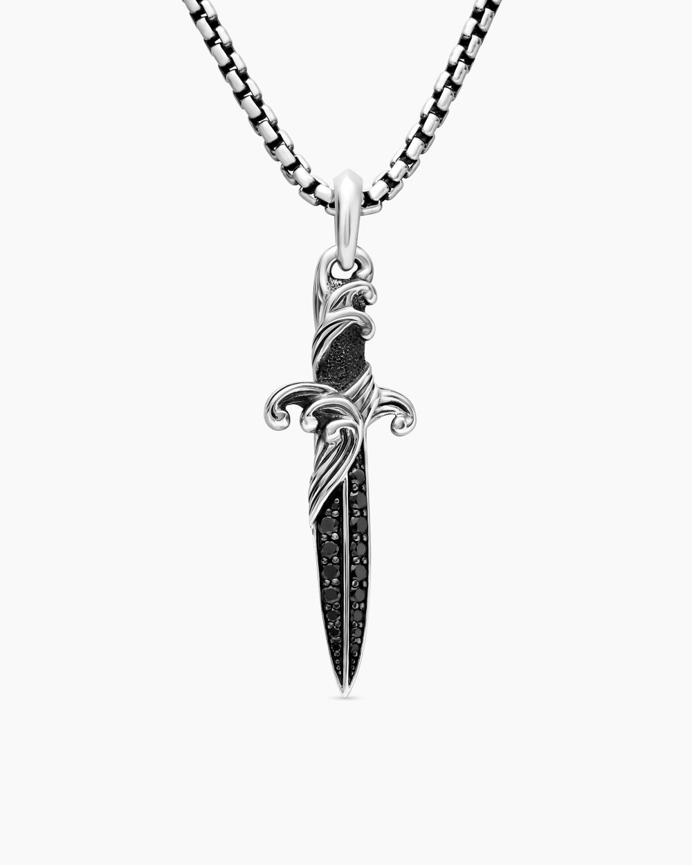 Mens Waves Dagger Amulet in Sterling Silver with Black Diamonds, 44mm