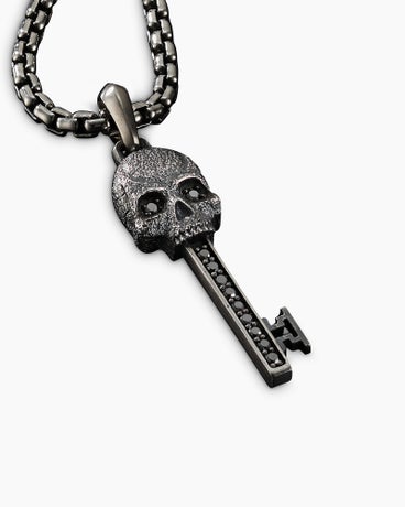 Memento Mori Skull Key Amulet in Sterling Silver with Black Diamonds, 31.7mm