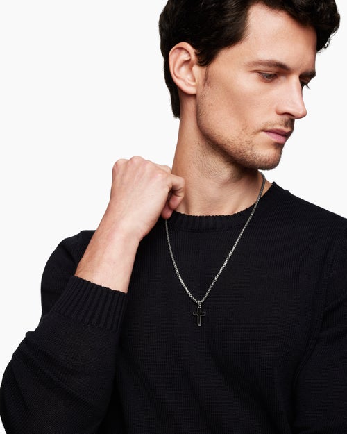 Mens Exotic Stone Cross in Sterling Silver with Black Onyx, 23mm