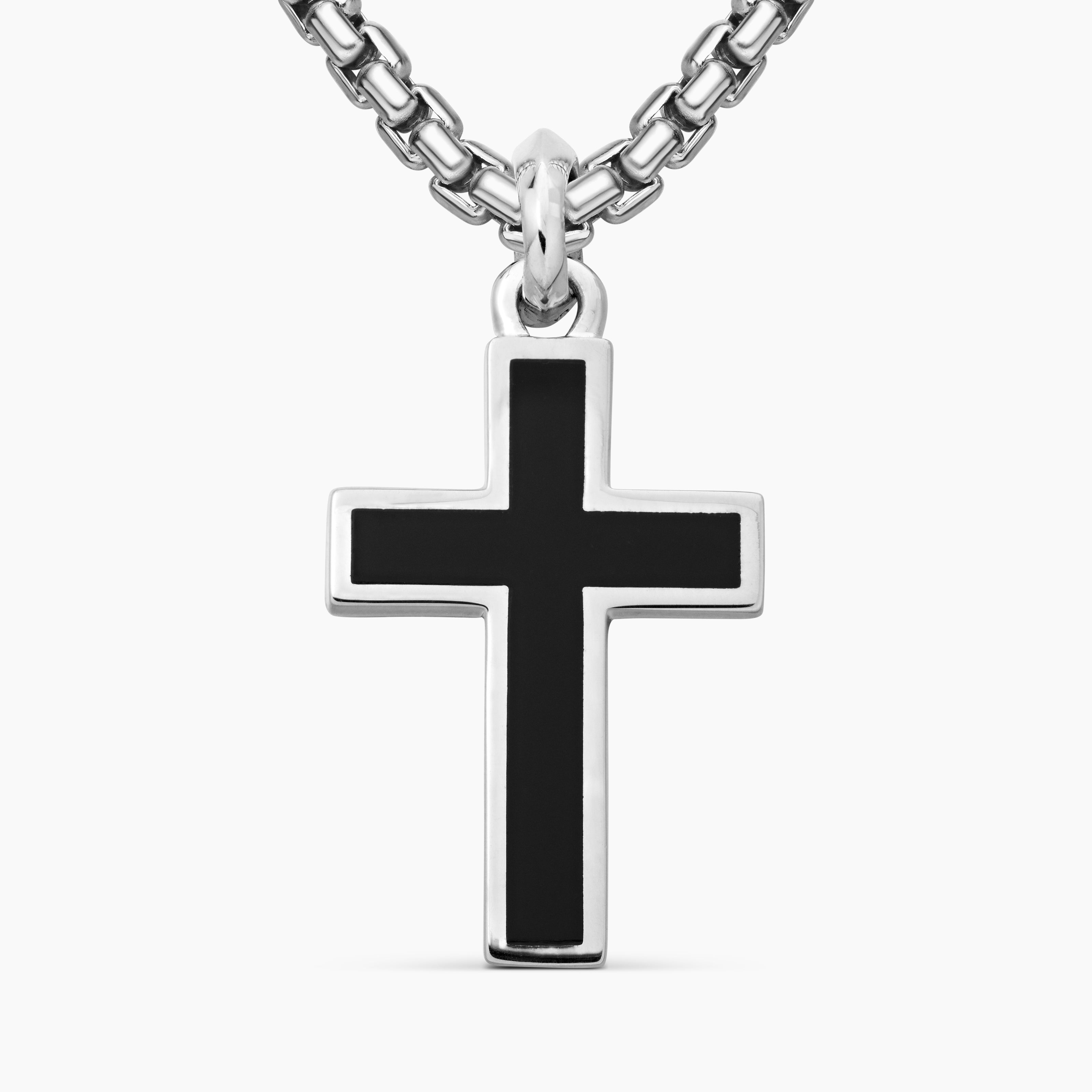 Mens Exotic Stone Cross in Sterling Silver with Black Onyx, 23mm
