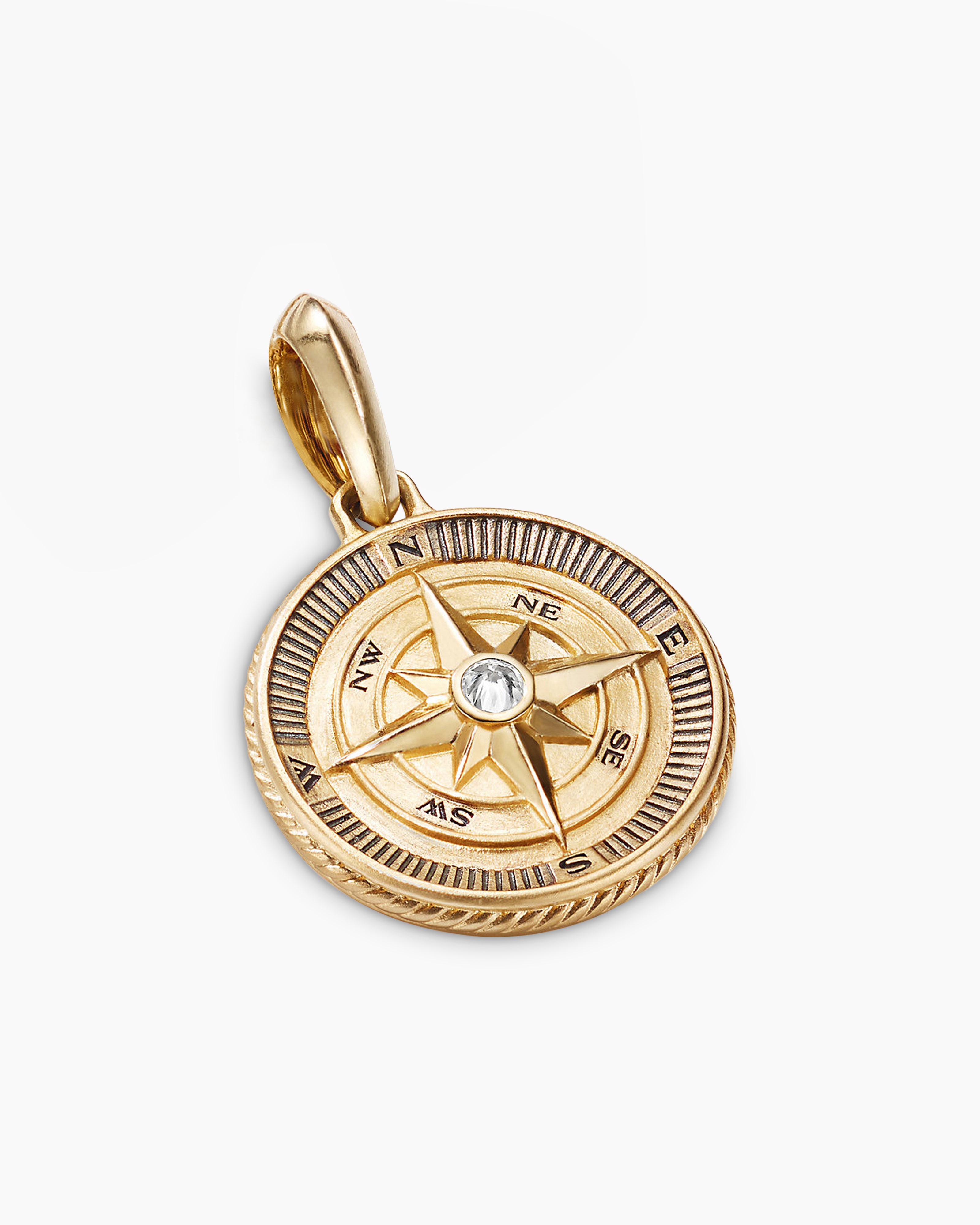 Mens Maritime® Compass Amulet in 18K Yellow Gold with Center Diamond,  29.5mm