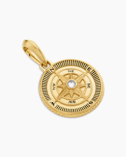 Mens Maritime® Compass Amulet in 18K Yellow Gold with Center Diamond, 20mm