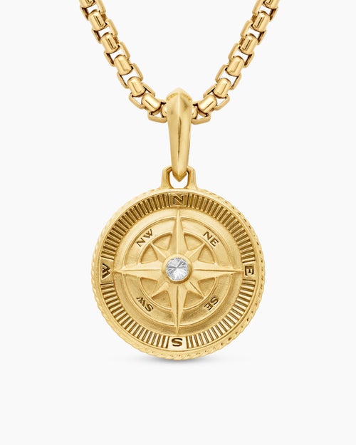 Mens Maritime® Compass Amulet in 18K Yellow Gold with Center Diamond, 20mm
