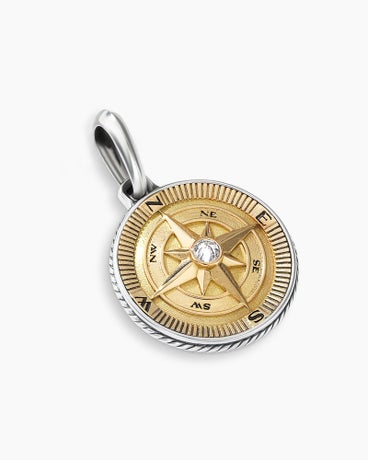Maritime® Compass Amulet in Sterling Silver with 18K Yellow Gold and Center Diamond, 29.5mm
