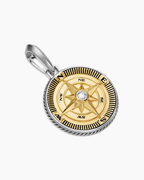 Mens Maritime® Compass Amulet in Sterling Silver with 18K Yellow Gold and Center Diamond, 20mm