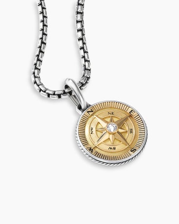 Maritime® Compass Amulet in Sterling Silver with 18K Yellow Gold and Center Diamond, 29.5mm
