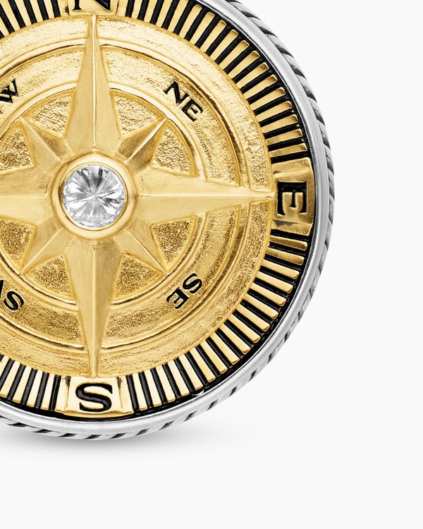 Maritime® Compass Amulet in Sterling Silver with 18K Yellow Gold and Center Diamond, 20mm