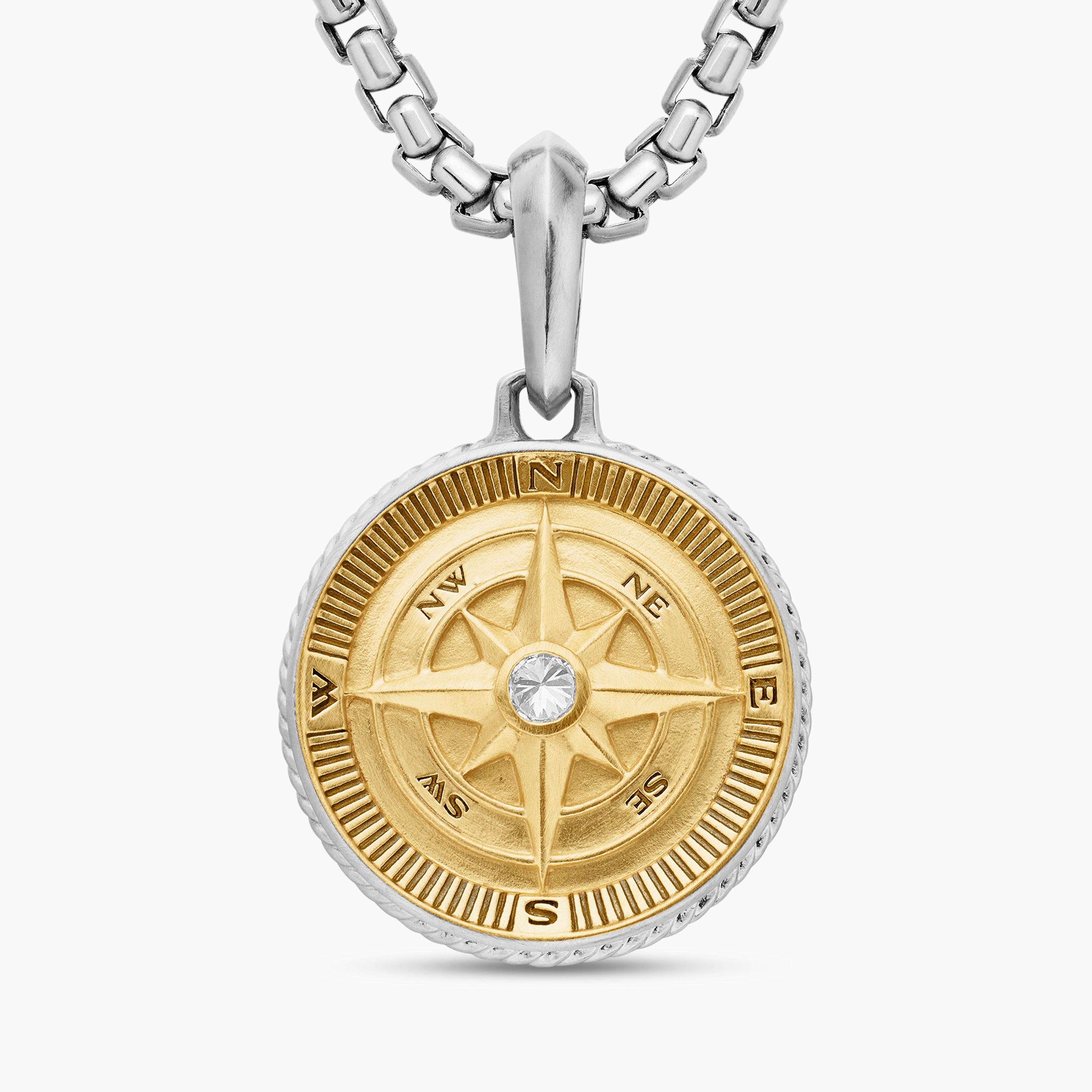 Mens Maritime&reg; Compass Amulet in Sterling Silver with 18K Yellow Gold and Center Diamond, 20mm