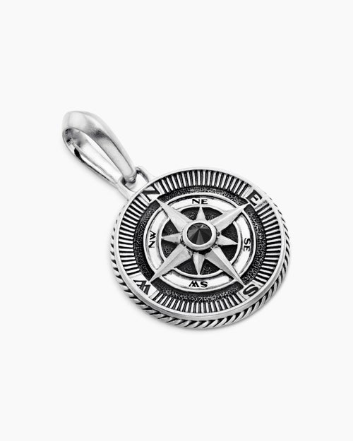 Mens Maritime® Compass Amulet in Sterling Silver with Center Black Diamond, 20mm