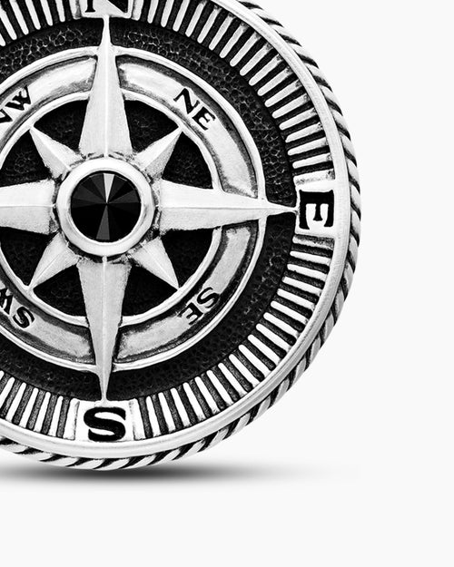 Mens Maritime® Compass Amulet in Sterling Silver with Center Black Diamond, 20mm