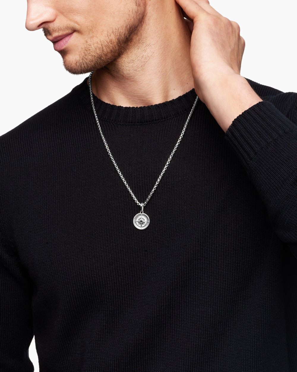 Mens Maritime® Compass Amulet in Sterling Silver with Center Black Diamond, 20mm