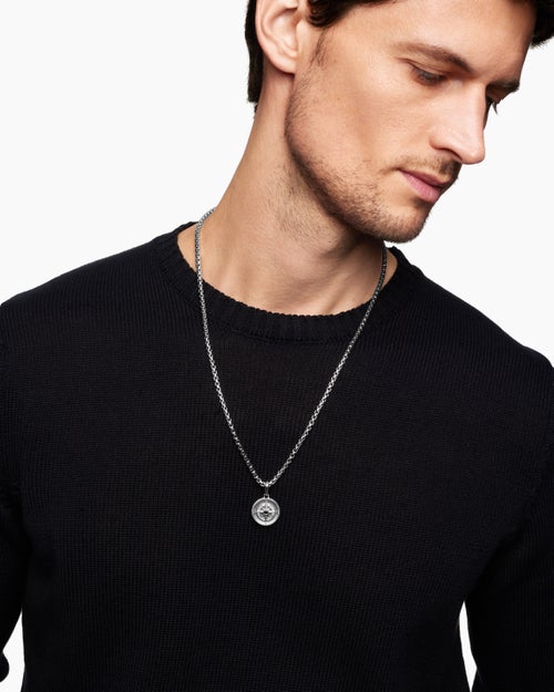 Mens Maritime® Compass Amulet in Sterling Silver with Center Black Diamond, 20mm