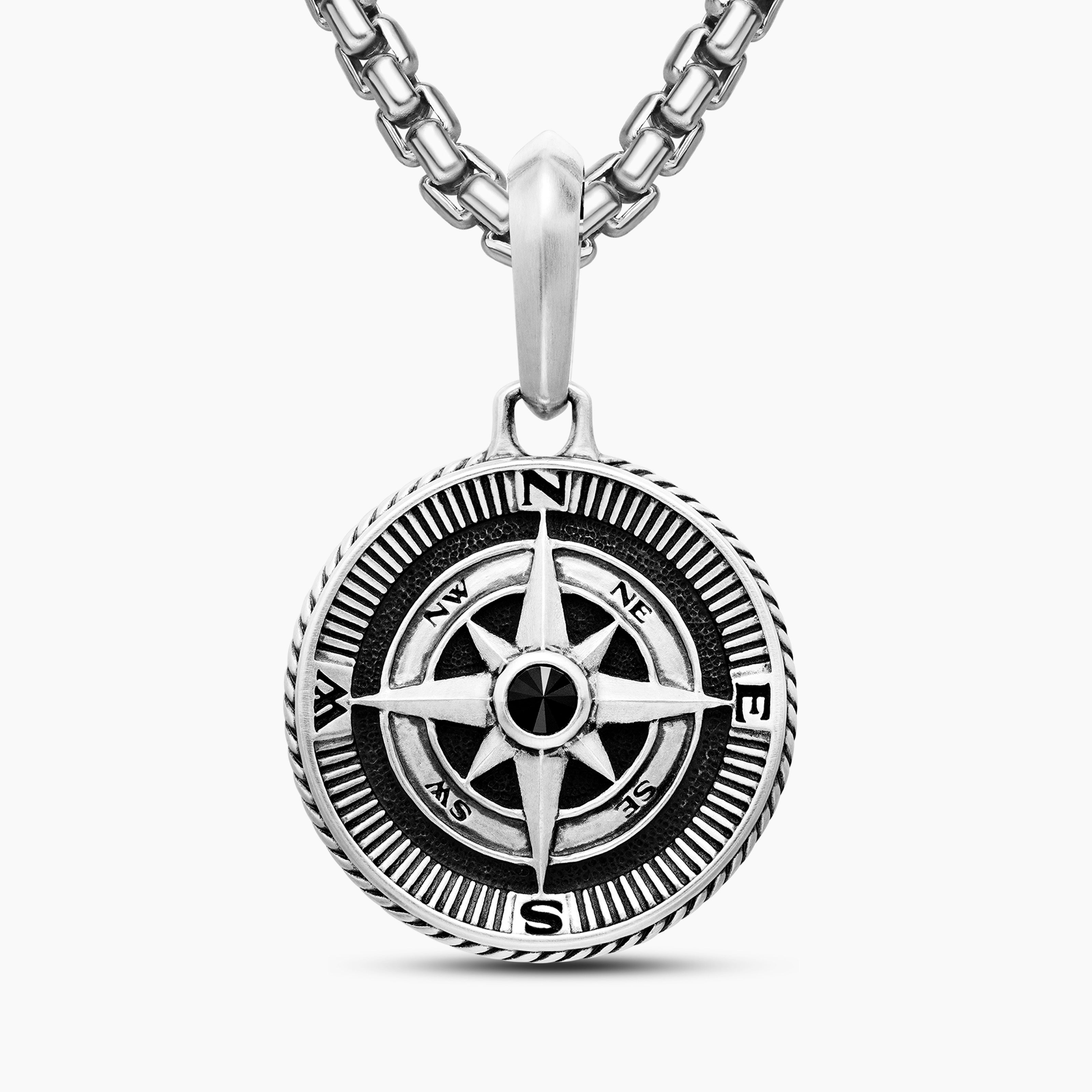 Mens Maritime&reg; Compass Amulet in Sterling Silver with Center Black Diamond, 20mm