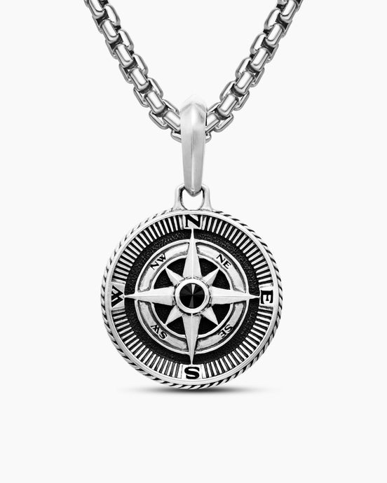Maritime® Compass Amulet in Sterling Silver with Center Black Diamond, 20mm