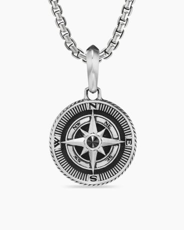 Maritime® Compass Amulet in Sterling Silver with Centre Black Diamond, 29.5mm