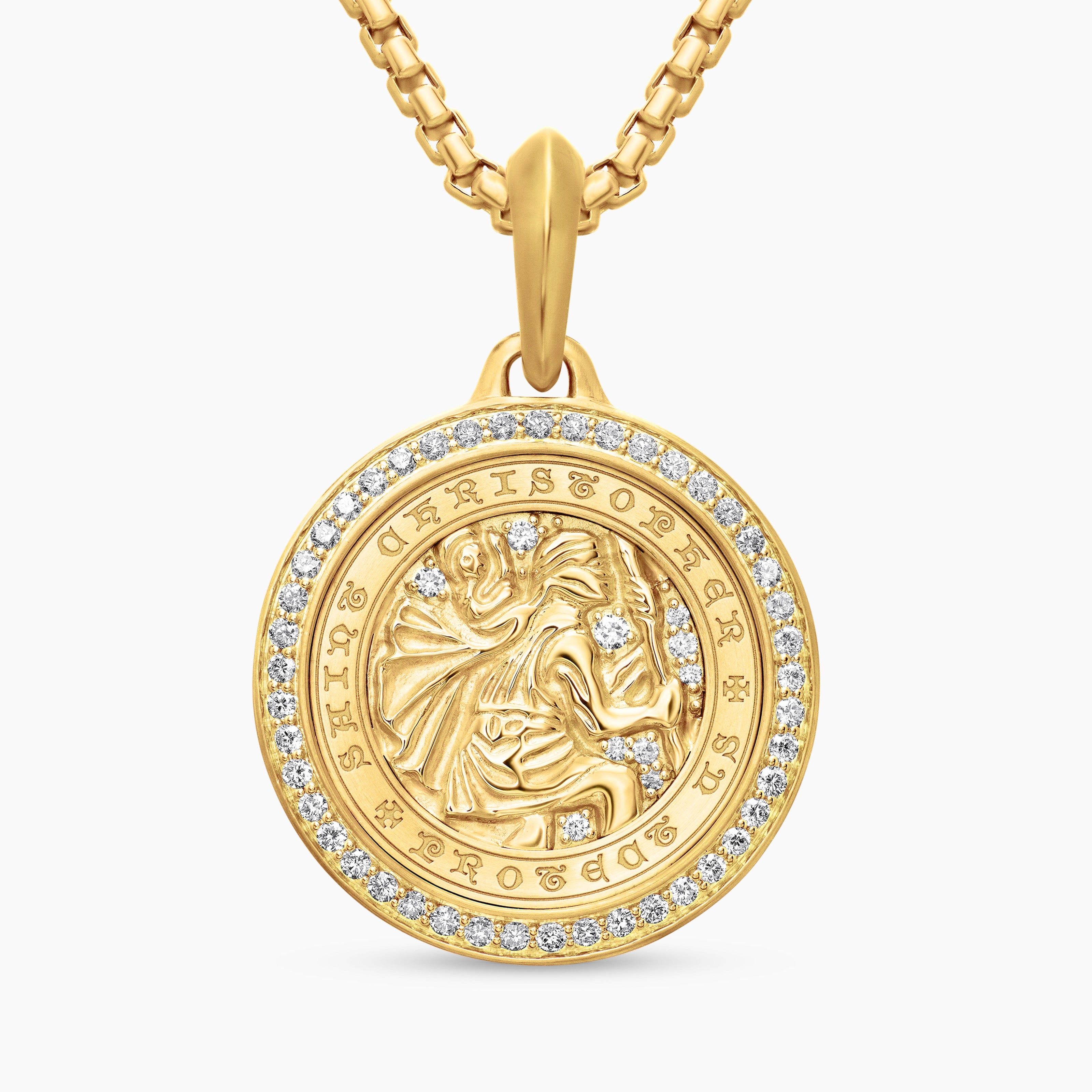 Mens St. Christopher Amulet in 18K Yellow Gold with Diamonds, 28.5mm