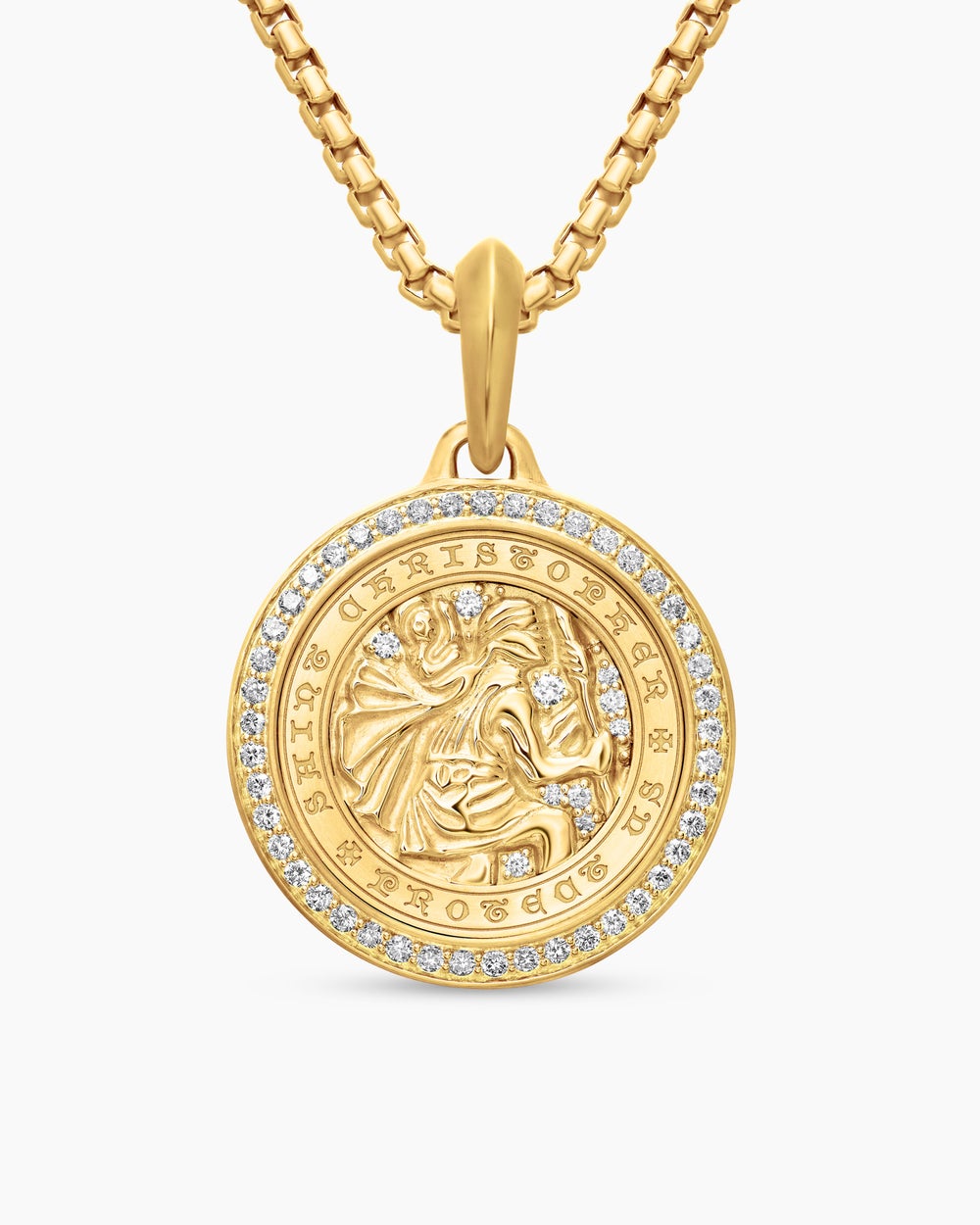 Mens St. Christopher Amulet in 18K Yellow Gold with Diamonds, 28.5mm