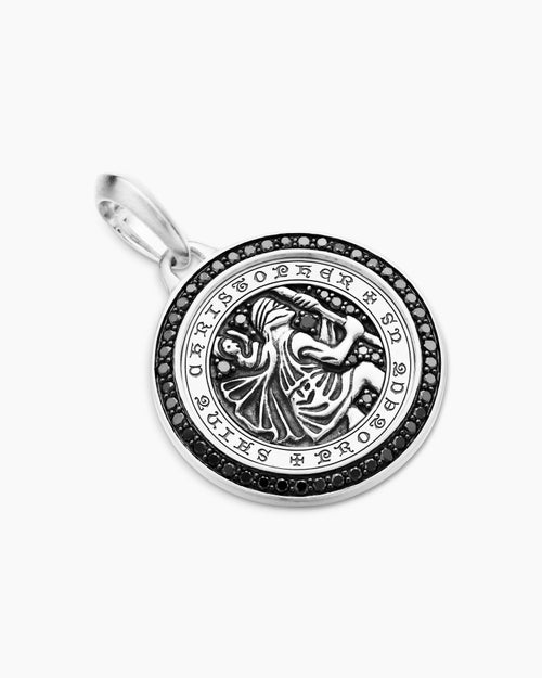 Mens St. Christopher Amulet in Sterling Silver with Black Diamonds, 28.5mm