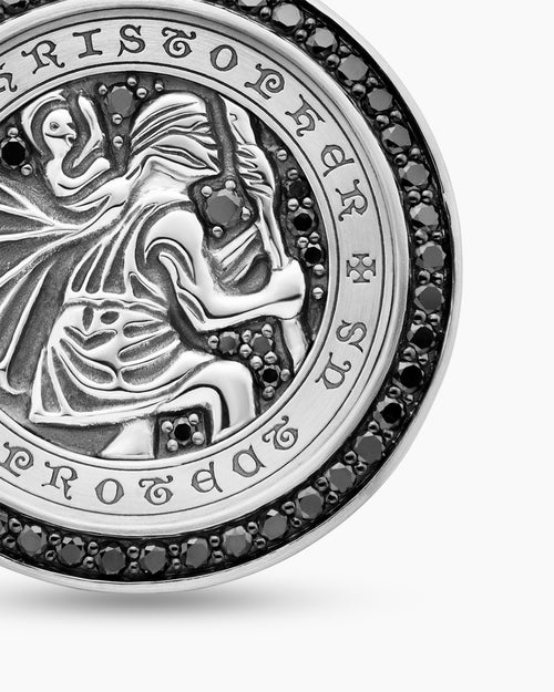 Mens St. Christopher Amulet in Sterling Silver with Black Diamonds, 28.5mm
