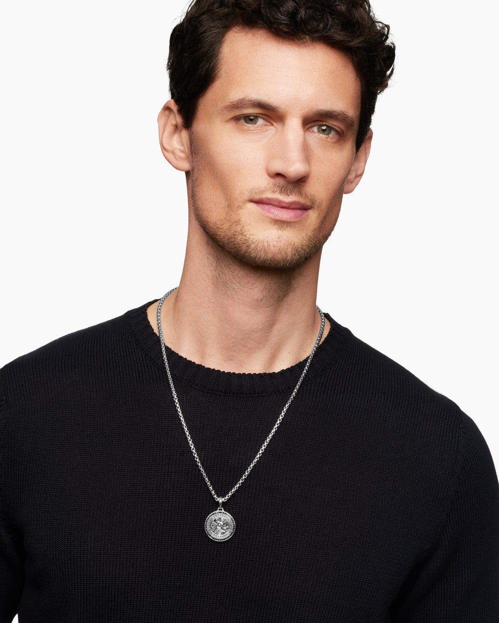 Mens St. Christopher Amulet in Sterling Silver with Black Diamonds, 28.5mm