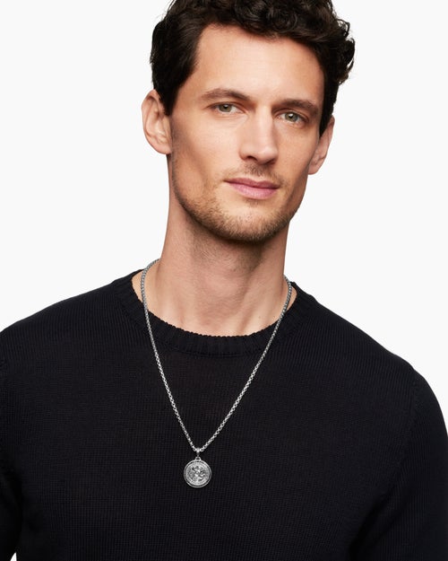 Mens St. Christopher Amulet in Sterling Silver with Black Diamonds, 28.5mm