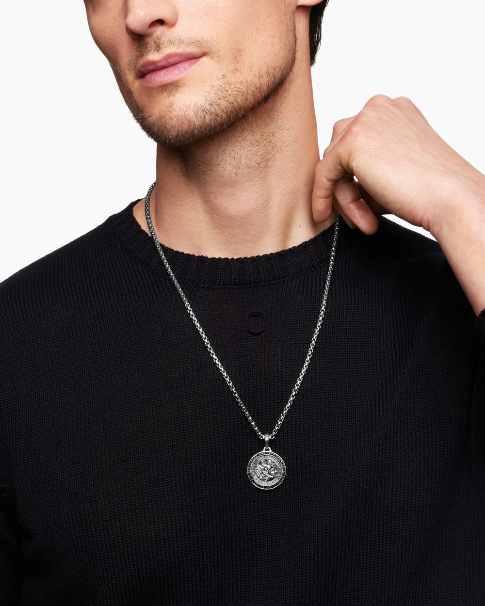 Mens St. Christopher Amulet in Sterling Silver with Black Diamonds, 28.5mm
