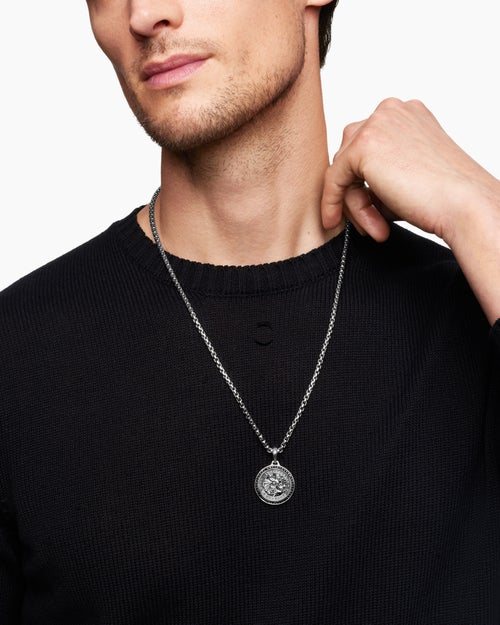 Mens St. Christopher Amulet in Sterling Silver with Black Diamonds, 28.5mm