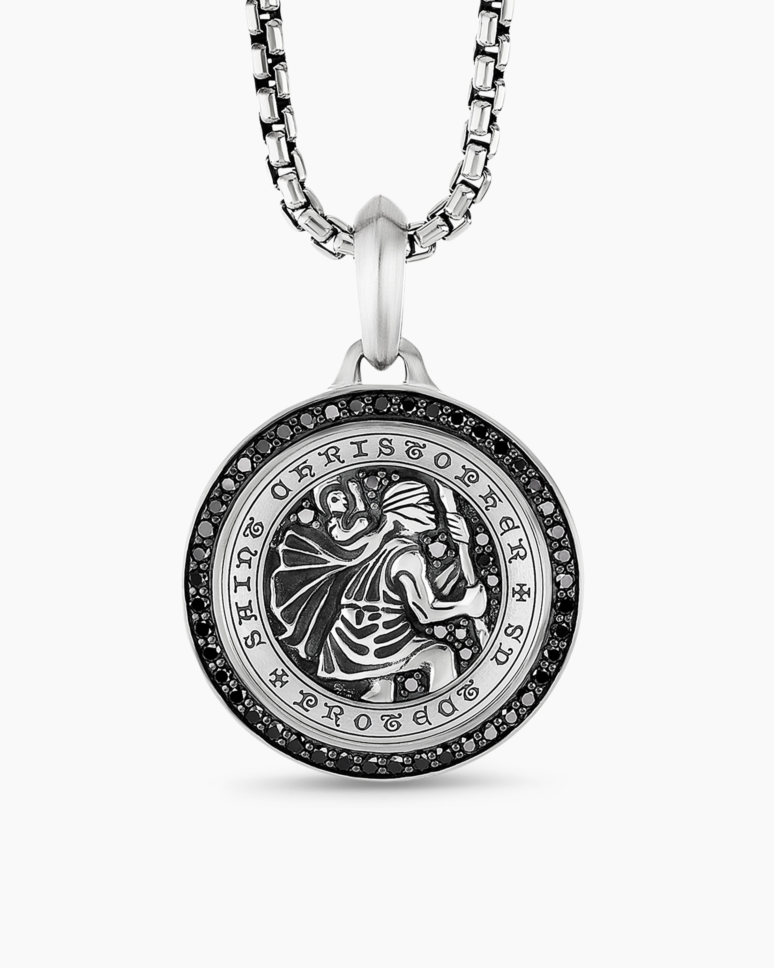 St. Christopher Amulet in Sterling Silver with Black Diamonds
