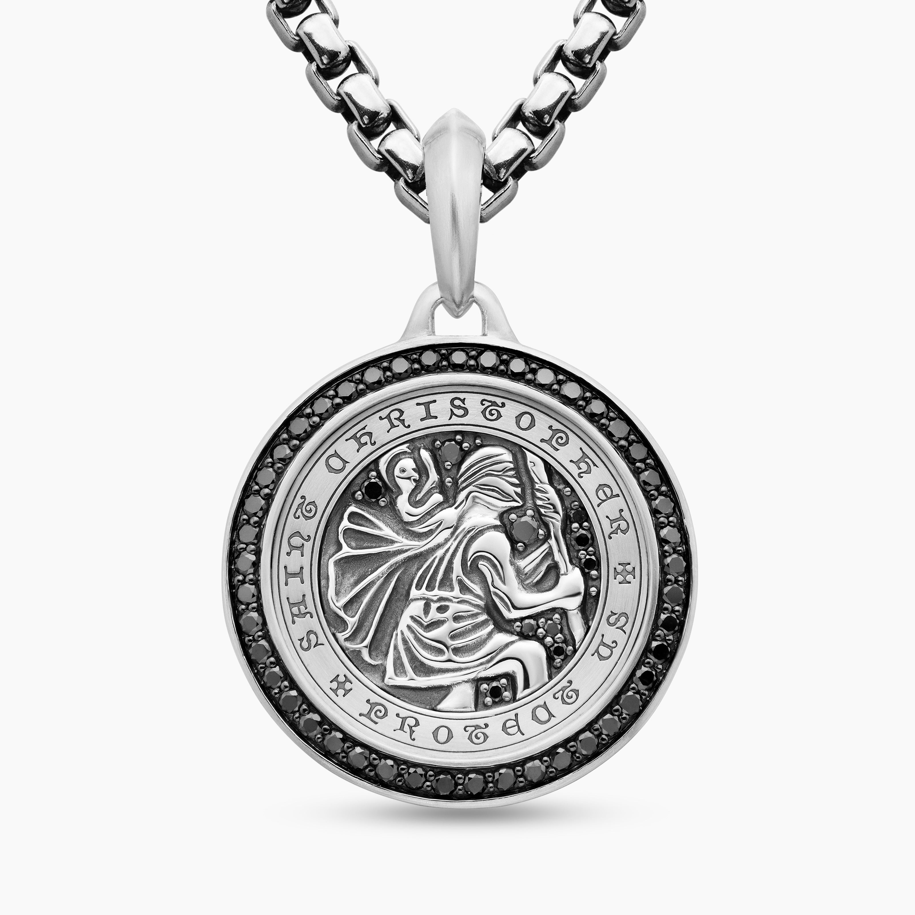 Mens St. Christopher Amulet in Sterling Silver with Black Diamonds, 28.5mm