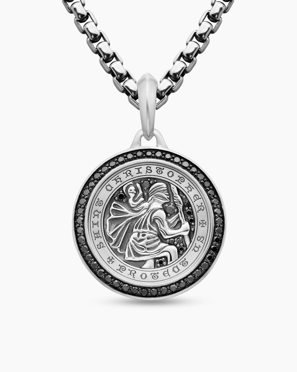 Mens St. Christopher Amulet in Sterling Silver with Black Diamonds, 28.5mm