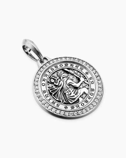 Mens St. Christopher Amulet in Sterling Silver with Diamonds, 28.5mm